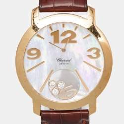 Chopard Mother Of Pearl 18K Yellow Gold Alligator Leather Happy Diamonds 20/7449 Women's Wristwatch 40 mm