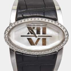 Chopard Mother of Pearl 18k White Gold Alligator Leather Diamond Happy Oval 139018 Women's Wristwatch 42 mm