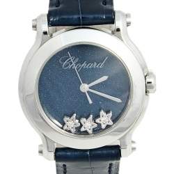 Pre Owned Chopard Blue Diamond Stainless Steel Alligator Happy Sport 27/8509-3049 Women's Wristwatch 30 mm