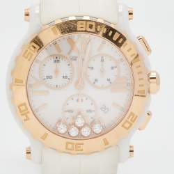 Pre Owned Chopard White 18k Rose Gold Rubber Diamond Happy Sport 288515-9001 Women's Wristwatch 42 mm