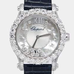 Chopard Mother Of Pearl 18K White Gold Diamond Alligator Leather Happy Sport 274809-1001 Women's Wristwatch 36 mm