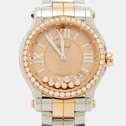 Pre Owned Chopard Champagne 18K Rose Gold Stainless Steel Diamond Happy Sport 8559 278559-6019 Women''s Wristwatch 36 mm