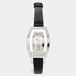Chopard Silver 18k White Gold Diamond Leather Happy Diamonds 20/9028 Women's Wristwatch 28.5 mm 
