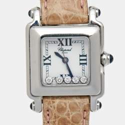 Pre Owned Chopard White Diamond Stainless Steel Alligator Happy Sport 27/8892-23 Women's Wristwatch 23 mm 