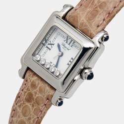 Pre Owned Chopard White Diamond Stainless Steel Alligator Happy Sport 27/8892-23 Women's Wristwatch 23 mm 