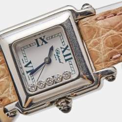 Pre Owned Chopard White Diamond Stainless Steel Alligator Happy Sport 27/8892-23 Women's Wristwatch 23 mm 