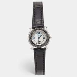 Chopard White Mother Of Pearl 18K White Gold Alligator Leather Happy Sport 27/6252-23 Women's Wristwatch 26 mm