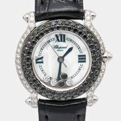 Chopard White Mother Of Pearl 18K White Gold Alligator Leather Happy Sport 27/6252-23 Women's Wristwatch 26 mm