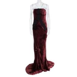 Christian Lacroix Burgundy Velvet Cord Embroidered Strapless Evening Gown M