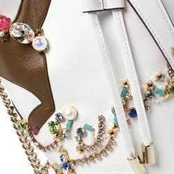 Pre Owned Christian Louboutin White Leather Jewel Embellished Marie Jane Drawstring Bucket Bag
