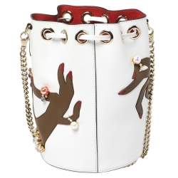 Pre Owned Christian Louboutin White Leather Jewel Embellished Marie Jane Drawstring Bucket Bag