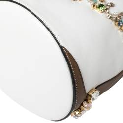 Pre Owned Christian Louboutin White Leather Jewel Embellished Marie Jane Drawstring Bucket Bag