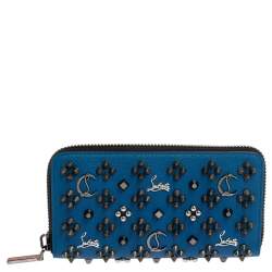 Christian Louboutin Blue Leather Spike Panettone Zip Around Wallet