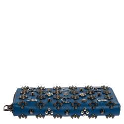 Christian Louboutin Blue Leather Spike Panettone Zip Around Wallet