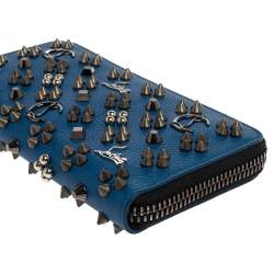 Christian Louboutin Blue Leather Spike Panettone Zip Around Wallet