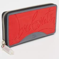 Pre Owned Christian Louboutin Grey/Red Leather and Rubber Panettone Zip Around Wallet