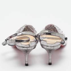 Pre Owned Christian Louboutin Metallic Grey Embossed Croc and PVC Spikaqueen Ankle Strap Pumps Size 37