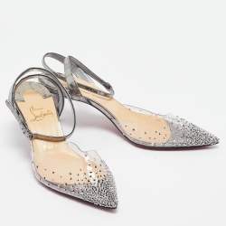 Pre Owned Christian Louboutin Metallic Grey Embossed Croc and PVC Spikaqueen Ankle Strap Pumps Size 37