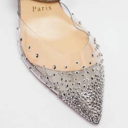 Pre Owned Christian Louboutin Metallic Grey Embossed Croc and PVC Spikaqueen Ankle Strap Pumps Size 37