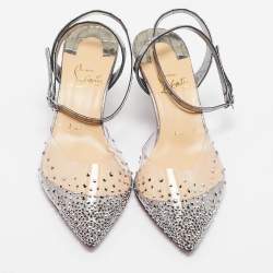 Pre Owned Christian Louboutin Metallic Grey Embossed Croc and PVC Spikaqueen Ankle Strap Pumps Size 37