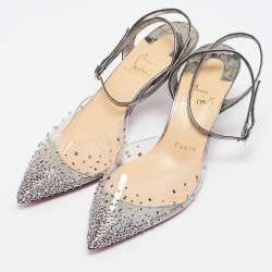 Pre Owned Christian Louboutin Metallic Grey Embossed Croc and PVC Spikaqueen Ankle Strap Pumps Size 37