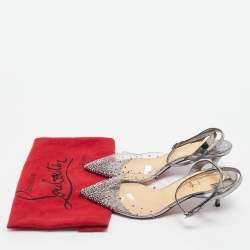 Pre Owned Christian Louboutin Metallic Grey Embossed Croc and PVC Spikaqueen Ankle Strap Pumps Size 37