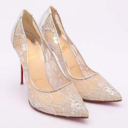 Christian Louboutin Silver Lace and Leather Follies Lace Pumps Size 39