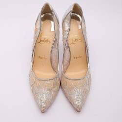 Christian Louboutin Silver Lace and Leather Follies Lace Pumps Size 39