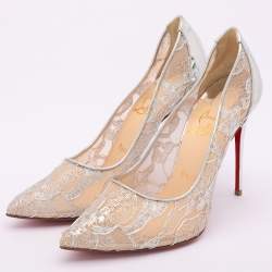 Christian Louboutin Silver Lace and Leather Follies Lace Pumps Size 39