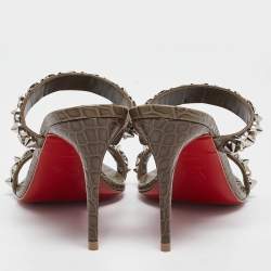Christian Louboutin Olive Green Embossed Croc Just Chain Slide Sandals Size 39