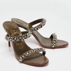 Christian Louboutin Olive Green Embossed Croc Just Chain Slide Sandals Size 39