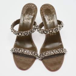 Christian Louboutin Olive Green Embossed Croc Just Chain Slide Sandals Size 39