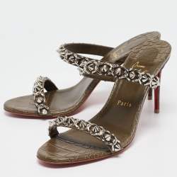 Christian Louboutin Olive Green Embossed Croc Just Chain Slide Sandals Size 39