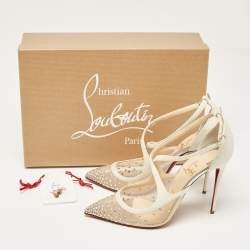 Pre Owned Christian Louboutin Pearl White Glitter Leather and Mesh Strass Twistissima Pumps Size 39