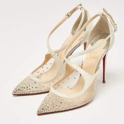 Pre Owned Christian Louboutin Pearl White Glitter Leather and Mesh Strass Twistissima Pumps Size 39