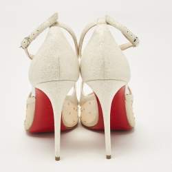 Pre Owned Christian Louboutin Pearl White Glitter Leather and Mesh Strass Twistissima Pumps Size 39
