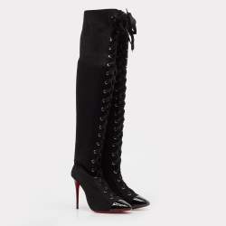 Pre Owned Christian Louboutin Black Knit Fabric Over The Knee Boots Size 38