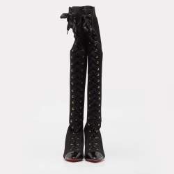 Pre Owned Christian Louboutin Black Knit Fabric Over The Knee Boots Size 38