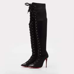 Pre Owned Christian Louboutin Black Knit Fabric Over The Knee Boots Size 38