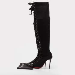 Pre Owned Christian Louboutin Black Knit Fabric Over The Knee Boots Size 38