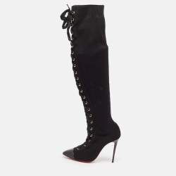 Pre Owned Christian Louboutin Black Knit Fabric Over The Knee Boots Size 38