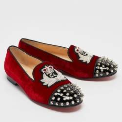 Christian Louboutin Red/Black Velvet and Patent Leather Spikes Intern Smoking Slippers Size 37.5
