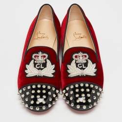 Christian Louboutin Red/Black Velvet and Patent Leather Spikes Intern Smoking Slippers Size 37.5