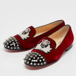 Christian Louboutin Red/Black Velvet and Patent Leather Spikes Intern Smoking Slippers Size 37.5