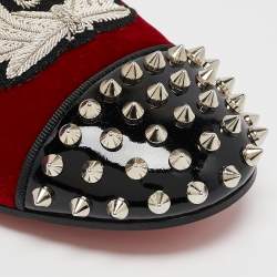 Christian Louboutin Red/Black Velvet and Patent Leather Spikes Intern Smoking Slippers Size 37.5