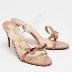 Christian Louboutin Beige Patent Leather and PVC Just Nodo Slide Sandals Size 38.5