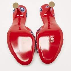 Christian Louboutin Red/Blue Loubi Eye Satin Nicol is Back Slide Sandals Size 38