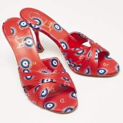 Christian Louboutin Red/Blue Loubi Eye Satin Nicol is Back Slide Sandals Size 38
