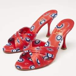 Christian Louboutin Red/Blue Loubi Eye Satin Nicol is Back Slide Sandals Size 38