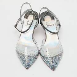 Pre Owned Christian Louboutin Transparent PVC Crystal Embellished Spikaqueen Ankle Strap Sandals Size 38.5